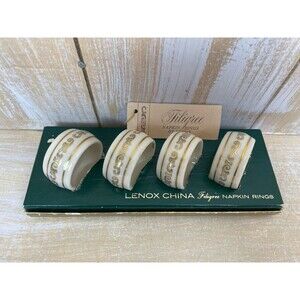 4 Lenox Filigree 24kt Gold & Ivory Porcelain China Napkin Rings in Box